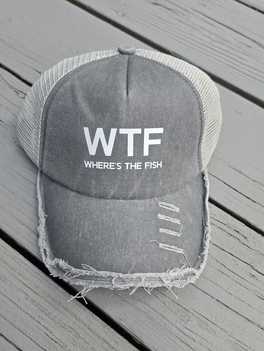 WTF Wheres The Fish Hat Funny Distressed Fishing Novelty Trucker Hat